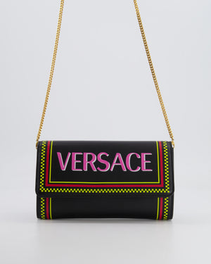 Versace Black Leather Wallet on Chain Bag with Pink Logo, Neon Yellow and Red Details with Gold Hardware