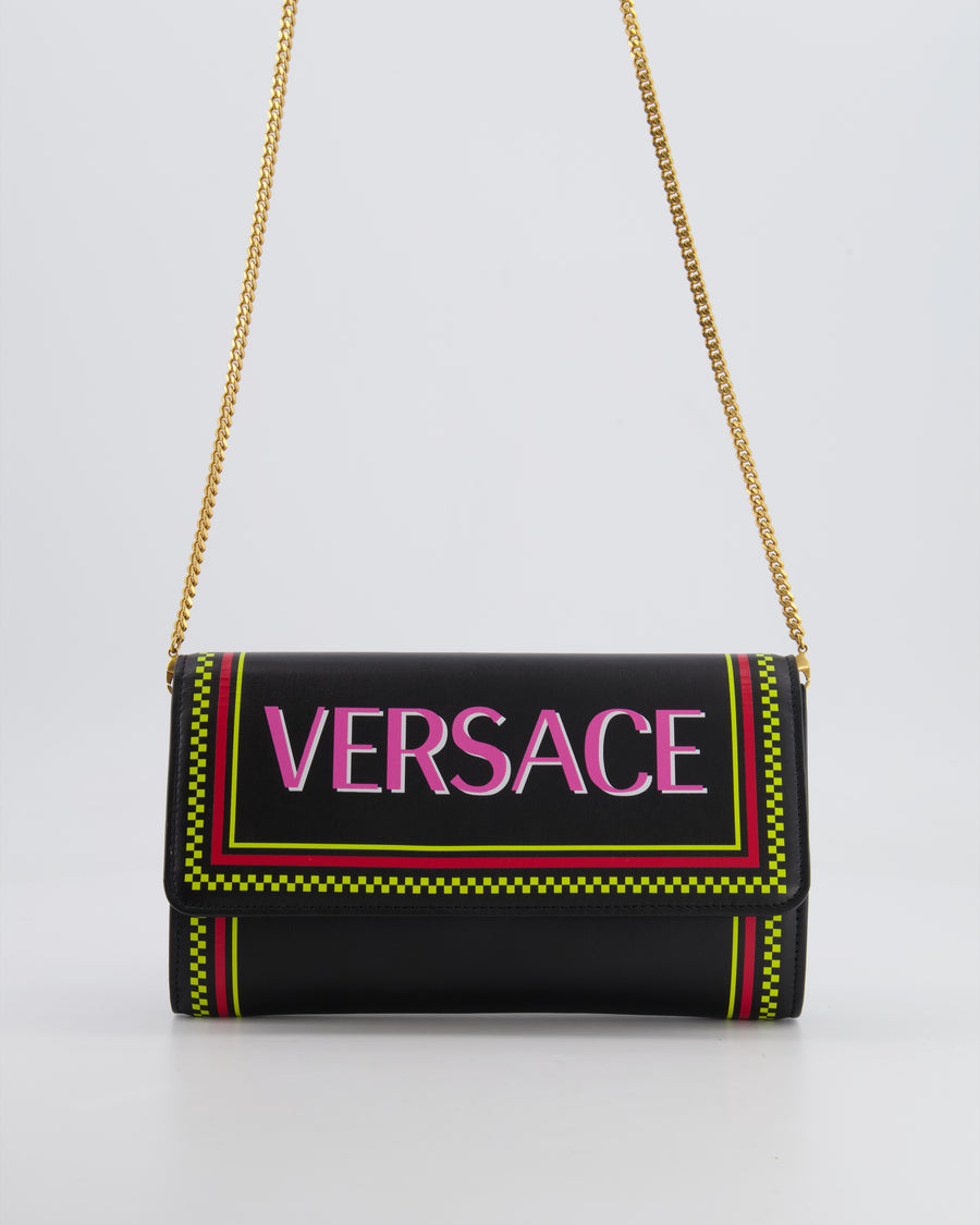 Versace Black Leather Wallet on Chain Bag with Pink Logo, Neon Yellow and Red Details with Gold Hardware