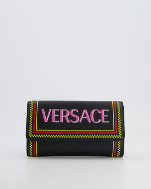 Versace Black Leather Wallet on Chain Bag with Pink Logo, Neon Yellow and Red Details with Gold Hardware