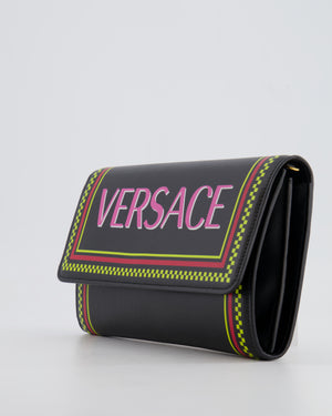 Versace Black Leather Wallet on Chain Bag with Pink Logo, Neon Yellow and Red Details with Gold Hardware