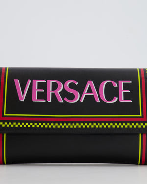 Versace Black Leather Wallet on Chain Bag with Pink Logo, Neon Yellow and Red Details with Gold Hardware