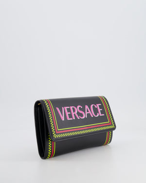Versace Black Leather Wallet on Chain Bag with Pink Logo, Neon Yellow and Red Details with Gold Hardware