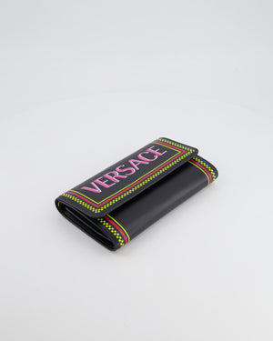 Versace Black Leather Wallet on Chain Bag with Pink Logo, Neon Yellow and Red Details with Gold Hardware