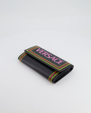 Versace Black Leather Wallet on Chain Bag with Pink Logo, Neon Yellow and Red Details with Gold Hardware