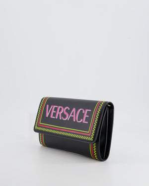 Versace Black Leather Wallet on Chain Bag with Pink Logo, Neon Yellow and Red Details with Gold Hardware