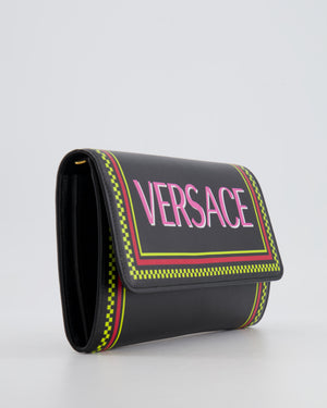 Versace Black Leather Wallet on Chain Bag with Pink Logo, Neon Yellow and Red Details with Gold Hardware