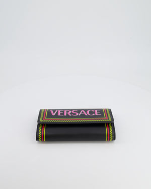 Versace Black Leather Wallet on Chain Bag with Pink Logo, Neon Yellow and Red Details with Gold Hardware