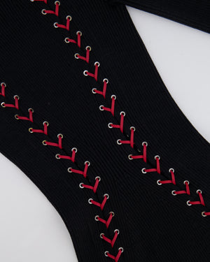 Alexander McQueen Fall 2017 Black Knit Ribbed Mini Dress with Red Leather Tie Details Size S (UK 8) RRP £2,800