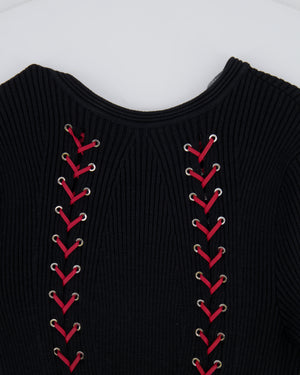 Alexander McQueen Fall 2017 Black Knit Ribbed Mini Dress with Red Leather Tie Details Size S (UK 8) RRP £2,800