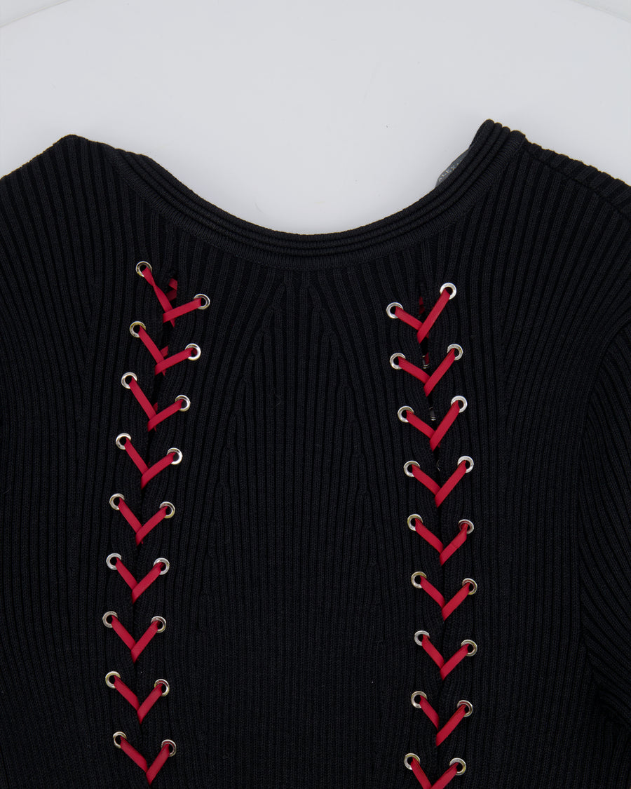 Alexander McQueen Fall 2017 Black Knit Ribbed Mini Dress with Red Leather Tie Details Size S (UK 8) RRP £2,800