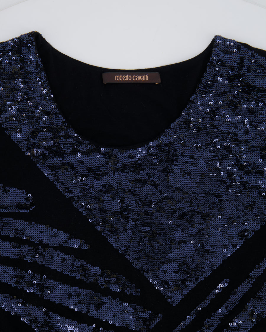 Roberto Cavalli Black Sleeveless Mini Dress with Navy Sequin Embellishments Size IT 38 (UK 6)