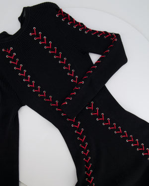 Alexander McQueen Fall 2017 Black Knit Ribbed Mini Dress with Red Leather Tie Details Size S (UK 8) RRP £2,800