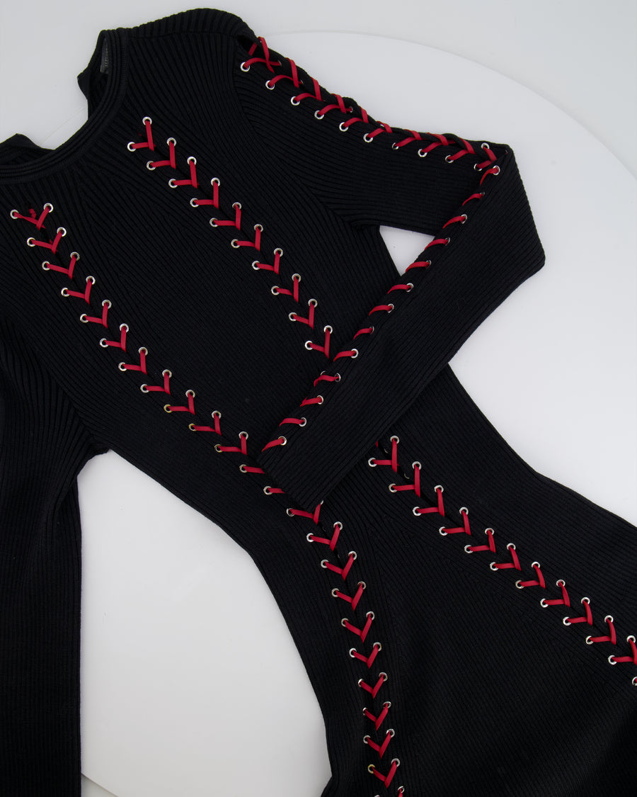Alexander McQueen Fall 2017 Black Knit Ribbed Mini Dress with Red Leather Tie Details Size S (UK 8) RRP £2,800