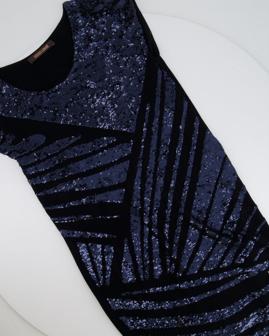 Roberto Cavalli Black Sleeveless Mini Dress with Navy Sequin Embellishments Size IT 38 (UK 6)