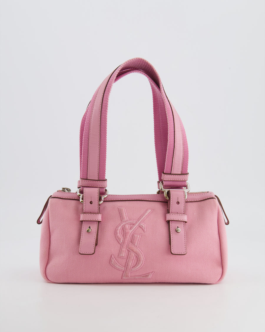 Saint Laurent Vintage Pink Canvas and Leather Kahala Bag with Velours Logo and Silver Hardware