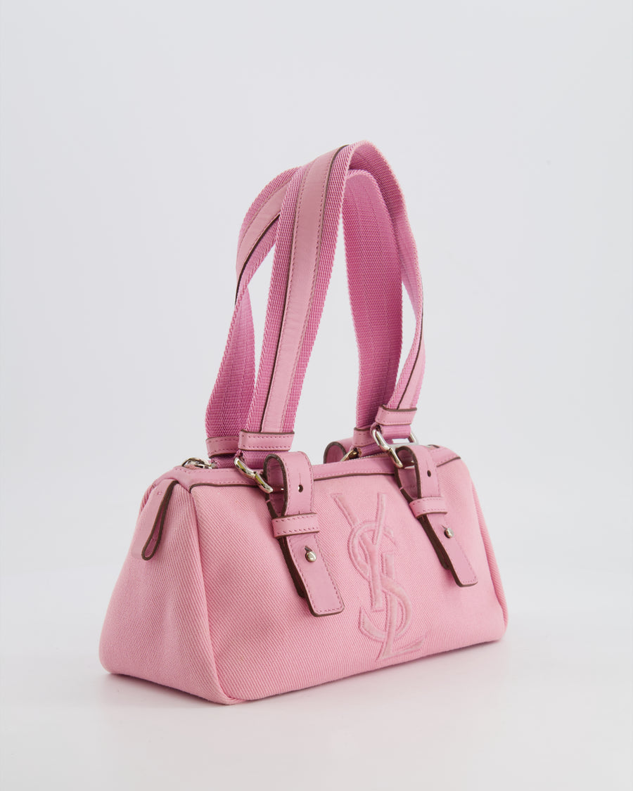Saint Laurent Vintage Pink Canvas and Leather Kahala Bag with Velours Logo and Silver Hardware