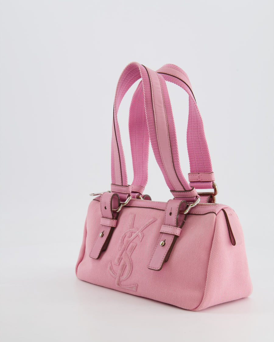 Saint Laurent Vintage Pink Canvas and Leather Kahala Bag with Velours Logo and Silver Hardware