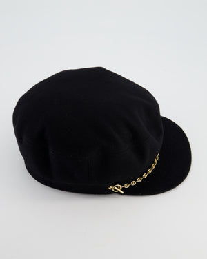 Hermès Black Casquette Cap with Gold Chain d'Ancre Detail Size 57