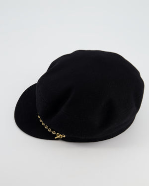 Hermès Black Casquette Cap with Gold Chain d'Ancre Detail Size 57