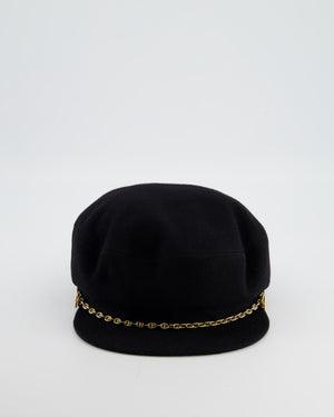 Hermès Black Casquette Cap with Gold Chain d'Ancre Detail Size 57