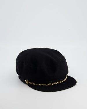 Hermès Black Casquette Cap with Gold Chain d'Ancre Detail Size 57
