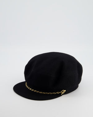 Hermès Black Casquette Cap with Gold Chain d'Ancre Detail Size 57