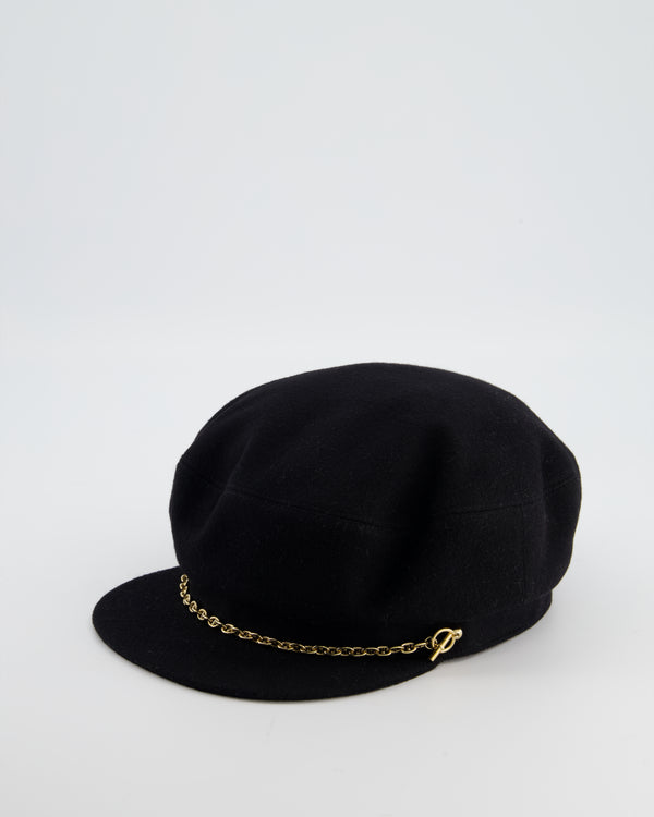 Hermès Black Casquette Cap with Gold Chain d'Ancre Detail Size 57