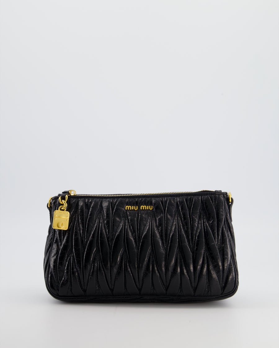 Miu Miu Matelassé Luxe Leather Padlock Mini Shoulder Bag in Black