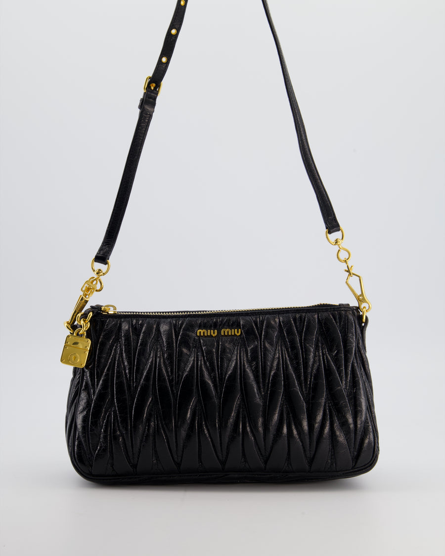 Miu Miu Matelassé Luxe Leather Padlock Mini Shoulder Bag in Black