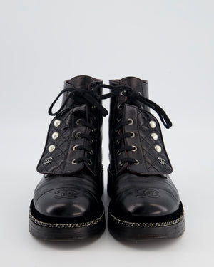 Chanel Black Aged Calfskin Boots with Velvet Trim, Chain Detail Pearl Details and CC Logo Size EU 40