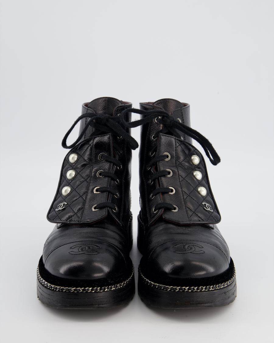 Chanel Black Aged Calfskin Boots with Velvet Trim, Chain Detail Pearl Details and CC Logo Size EU 40
