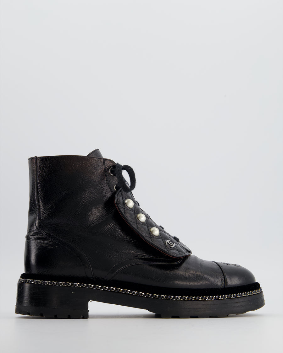 Chanel Black Aged Calfskin Boots with Velvet Trim, Chain Detail Pearl Details and CC Logo Size EU 40