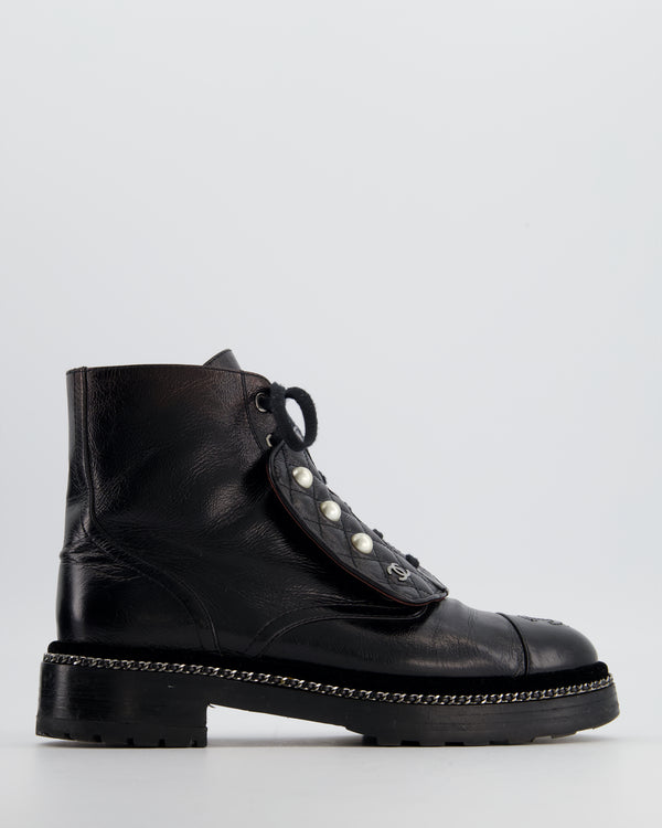 Chanel Black Aged Calfskin Boots with Velvet Trim, Chain Detail Pearl Details and CC Logo Size EU 40