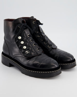 Chanel Black Aged Calfskin Boots with Velvet Trim, Chain Detail Pearl Details and CC Logo Size EU 40