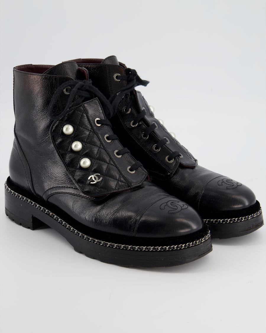Chanel Black Aged Calfskin Boots with Velvet Trim, Chain Detail Pearl Details and CC Logo Size EU 40