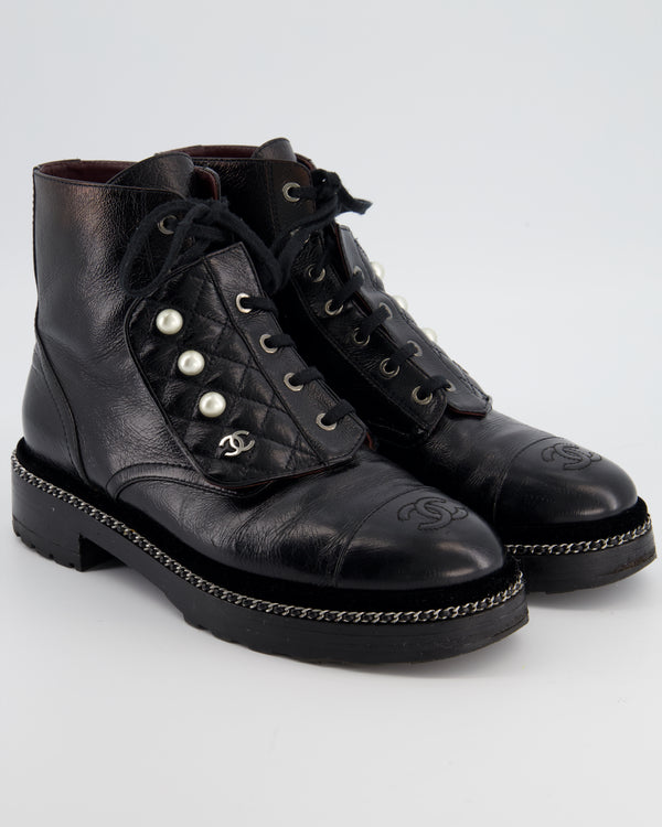 Chanel Black Aged Calfskin Boots with Velvet Trim, Chain Detail Pearl Details and CC Logo Size EU 40