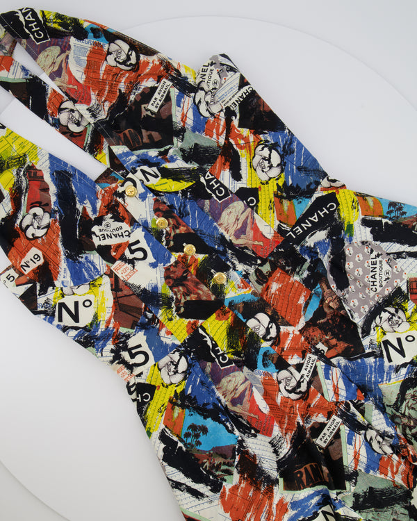 Chanel 89P Vintage Black and Multi-Colour Printed Playsuit with Corset Top and Gold CC Logo Buttons Size FR 42 (UK 14)