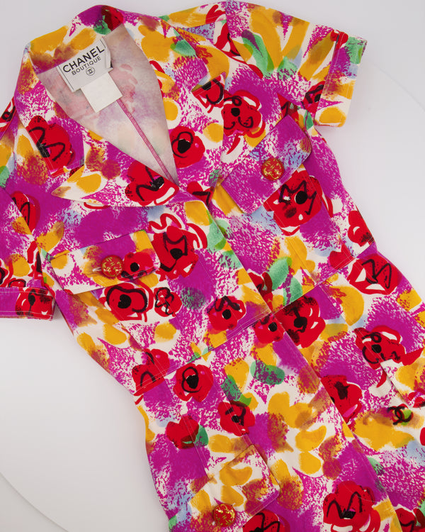 Chanel Vintage 97P Pink Multi-Colour Short Sleeved Mini Dress with Camelia Prints and Gold CC Buttons Size FR 40 (UK 12)