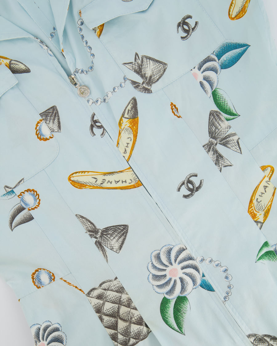 Chanel Vintage 96P Light Blue Sleeveless Mini Dress with Camelia, Bow and Pearl Prints with Silver CC Logo Front Zipper Detail Size FR 40 (UK 12)