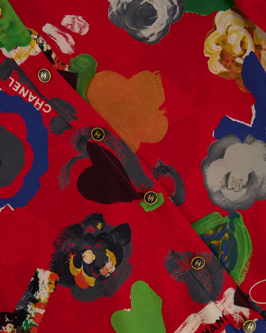 Chanel Vintage 92P Red Mini Shirt Dress with Multi-Colour Camelia and Logo Prints with Black and Gold CC Logo Buttons Details Size FR 38/40 (UK 10/12)