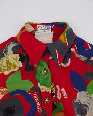 Chanel Vintage 92P Red Mini Shirt Dress with Multi-Colour Camelia and Logo Prints with Black and Gold CC Logo Buttons Details Size FR 38/40 (UK 10/12)