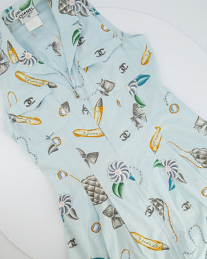 Chanel Vintage 96P Light Blue Sleeveless Mini Dress with Camelia, Bow and Pearl Prints with Silver CC Logo Front Zipper Detail Size FR 40 (UK 12)