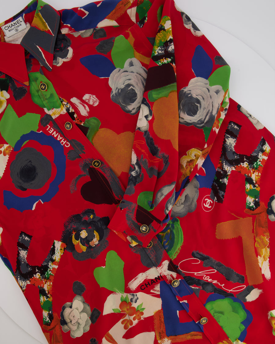 Chanel Vintage 92P Red Mini Shirt Dress with Multi-Colour Camelia and Logo Prints with Black and Gold CC Logo Buttons Details Size FR 38/40 (UK 10/12)