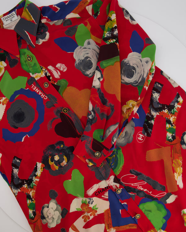 Chanel Vintage 92P Red Mini Shirt Dress with Multi-Colour Camelia and Logo Prints with Black and Gold CC Logo Buttons Details Size FR 38/40 (UK 10/12)