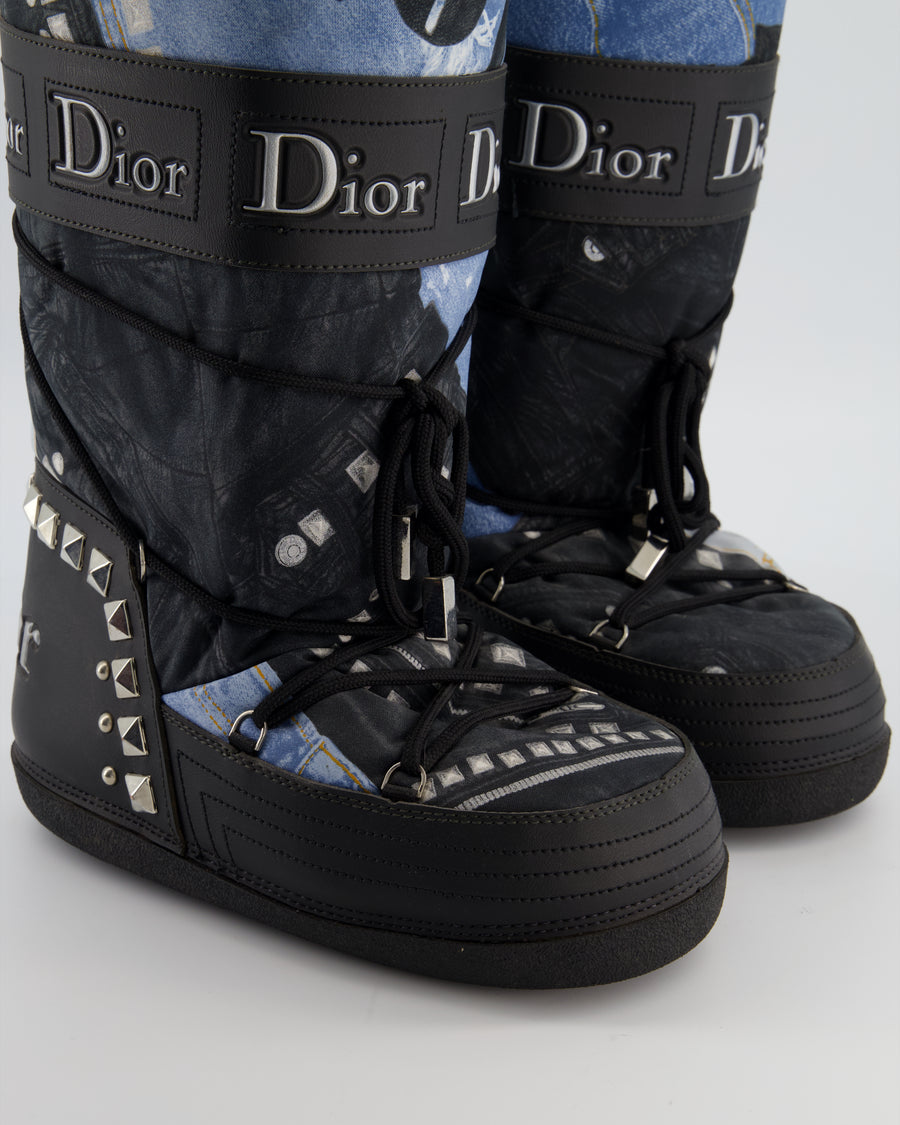 Dior Denim Patch Work Snow Boots with Silver Stud Detail Size EU 38/40