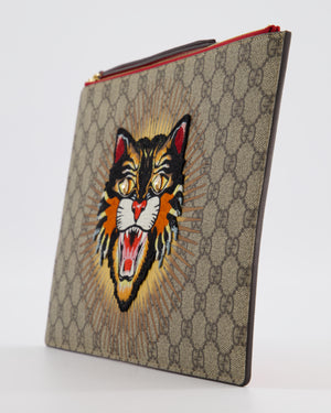 Gucci Black & Beige GG Supreme Canvas and Leather Angry Cat Embroidered Pouch