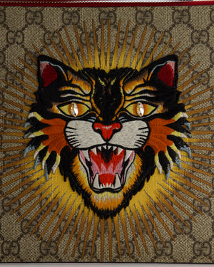 Gucci Black & Beige GG Supreme Canvas and Leather Angry Cat Embroidered Pouch