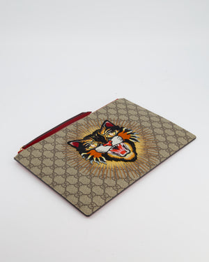Gucci Black & Beige GG Supreme Canvas and Leather Angry Cat Embroidered Pouch