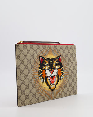 Gucci Black & Beige GG Supreme Canvas and Leather Angry Cat Embroidered Pouch