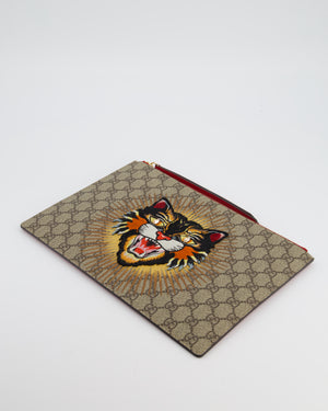 Gucci Black & Beige GG Supreme Canvas and Leather Angry Cat Embroidered Pouch